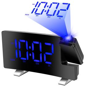 1Pc Projection Alarm Clock With Radio Function Curved Screen LED Digital Alarm Clock With Dual Alarms 4 Dimmer 12-24 Hour USB Charging Port 180De (Color: Blue)