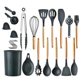 35Pcs Kitchen Cooking Utensils Set Spatula Set Baking Utensil Set Kitchen Accessories Necessities with Holder Egg Whisk Separator Tong Turner Spo (Color: black, size: One size)